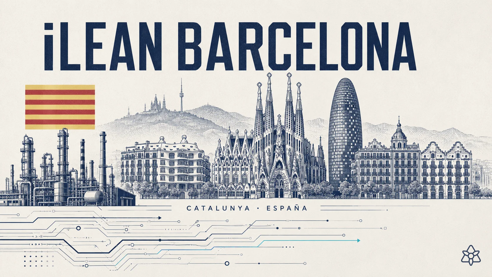 Barcelona skyline with Sagrada Familia, Torre Agbar and Catalan senyera flag