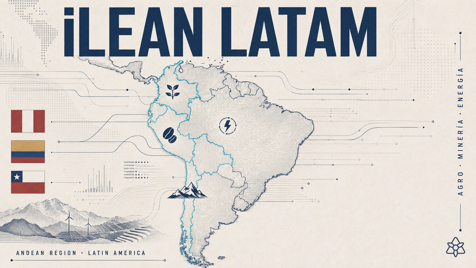 South American continent map with focus on Andean region, LATAM flags and data network