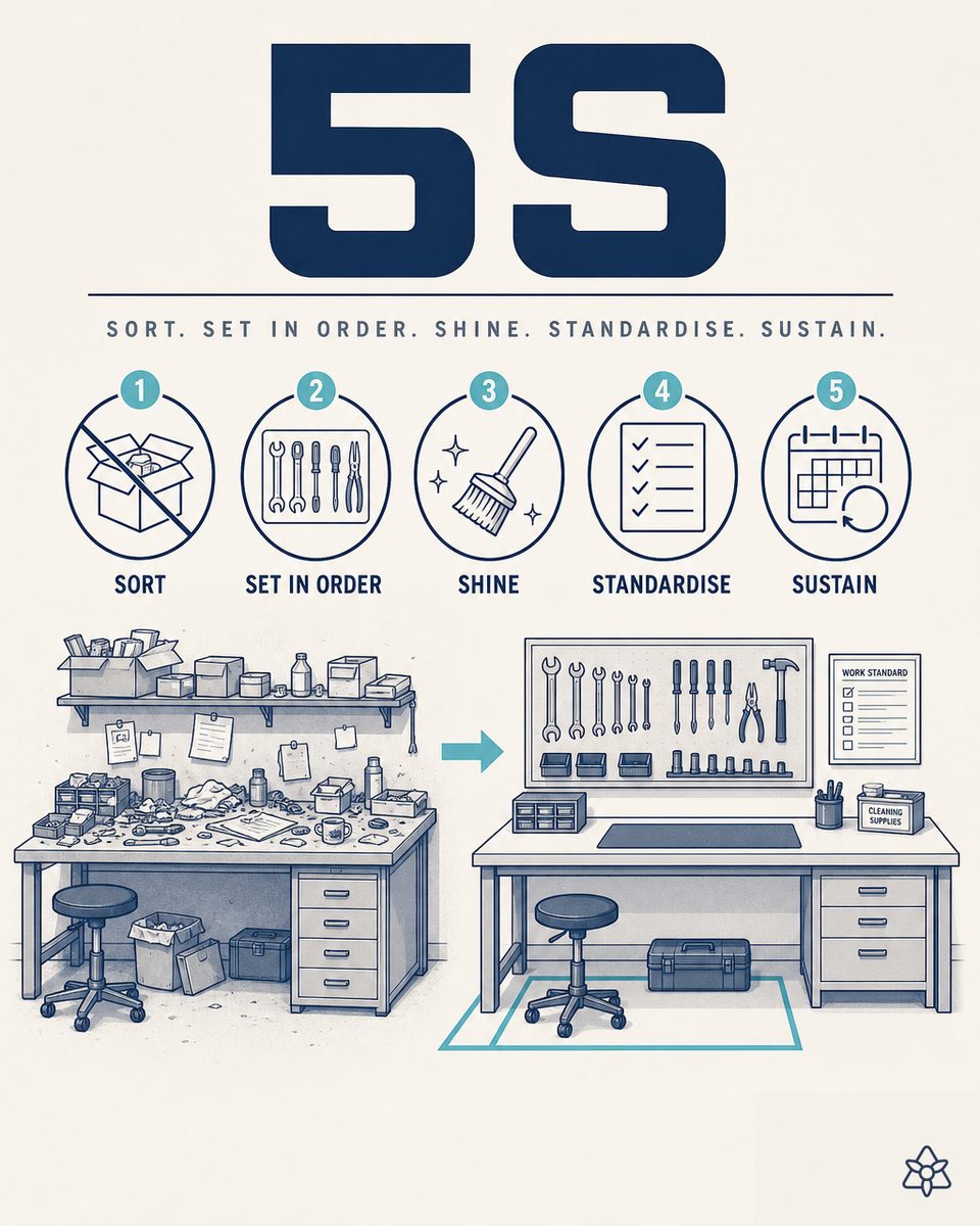 5S infographic: Seiri, Seiton, Seiso, Seiketsu, Shitsuke