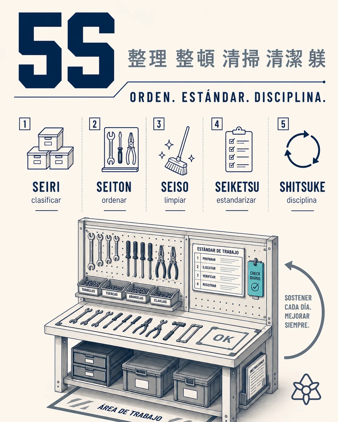 5S infographic: Seiri, Seiton, Seiso, Seiketsu, Shitsuke
