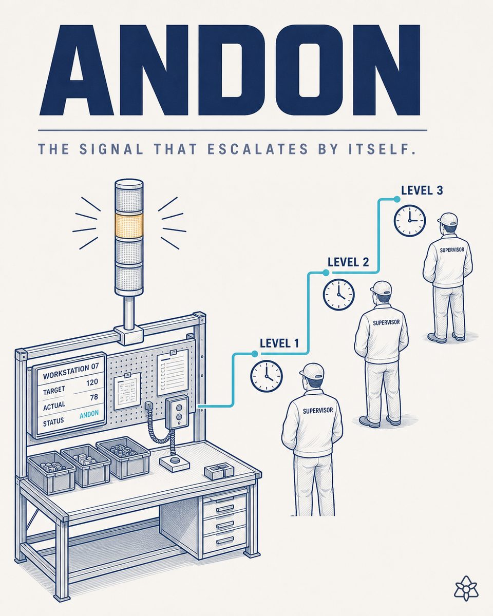 Andon stack light column with red lit and escalation to operator and supervisor