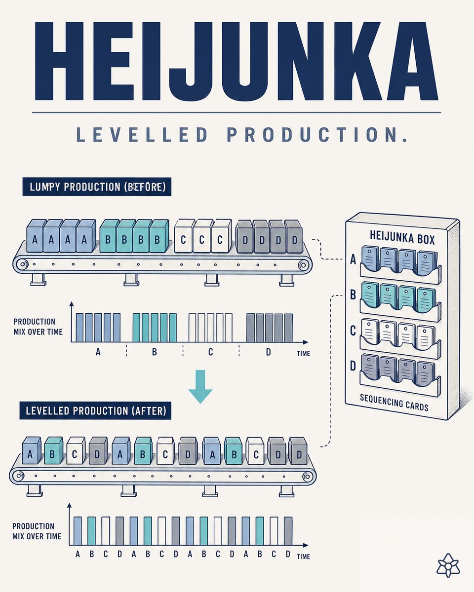 Heijunka leveled grid contrasted with irregular Mura line