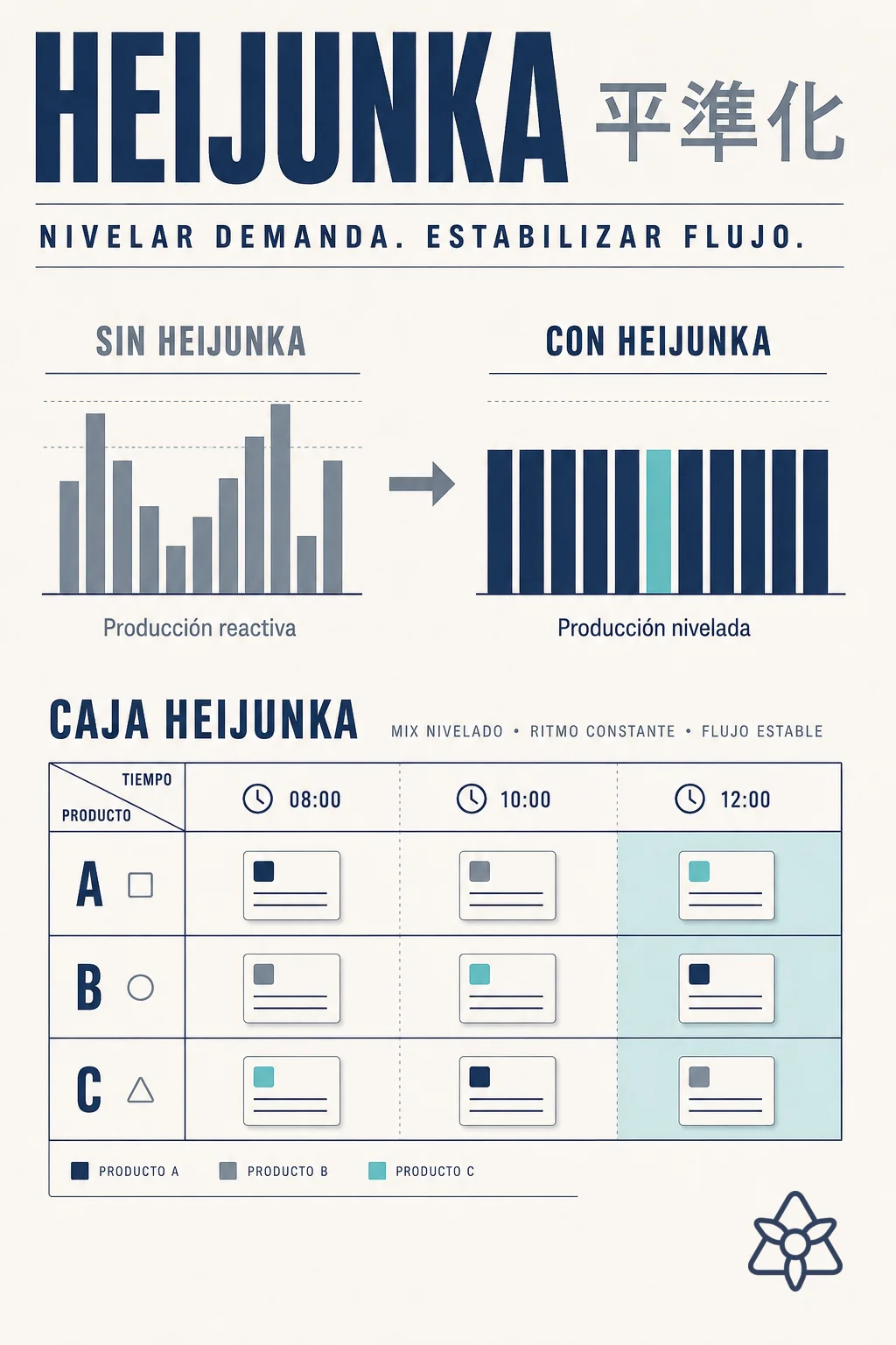 Heijunka leveled grid contrasted with irregular Mura line