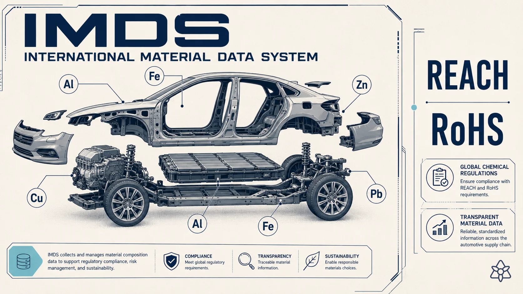 Coche con componentes desensamblados y símbolos químicos representando IMDS