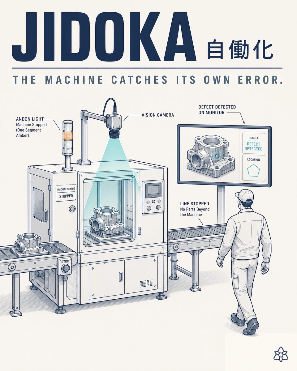 Industrial machine with a central eye representing Jidoka autonomation