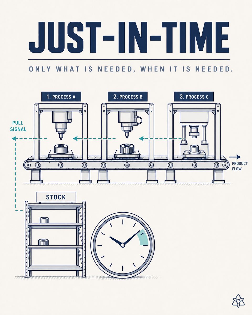 Three arrows converging on a central clock representing JIT