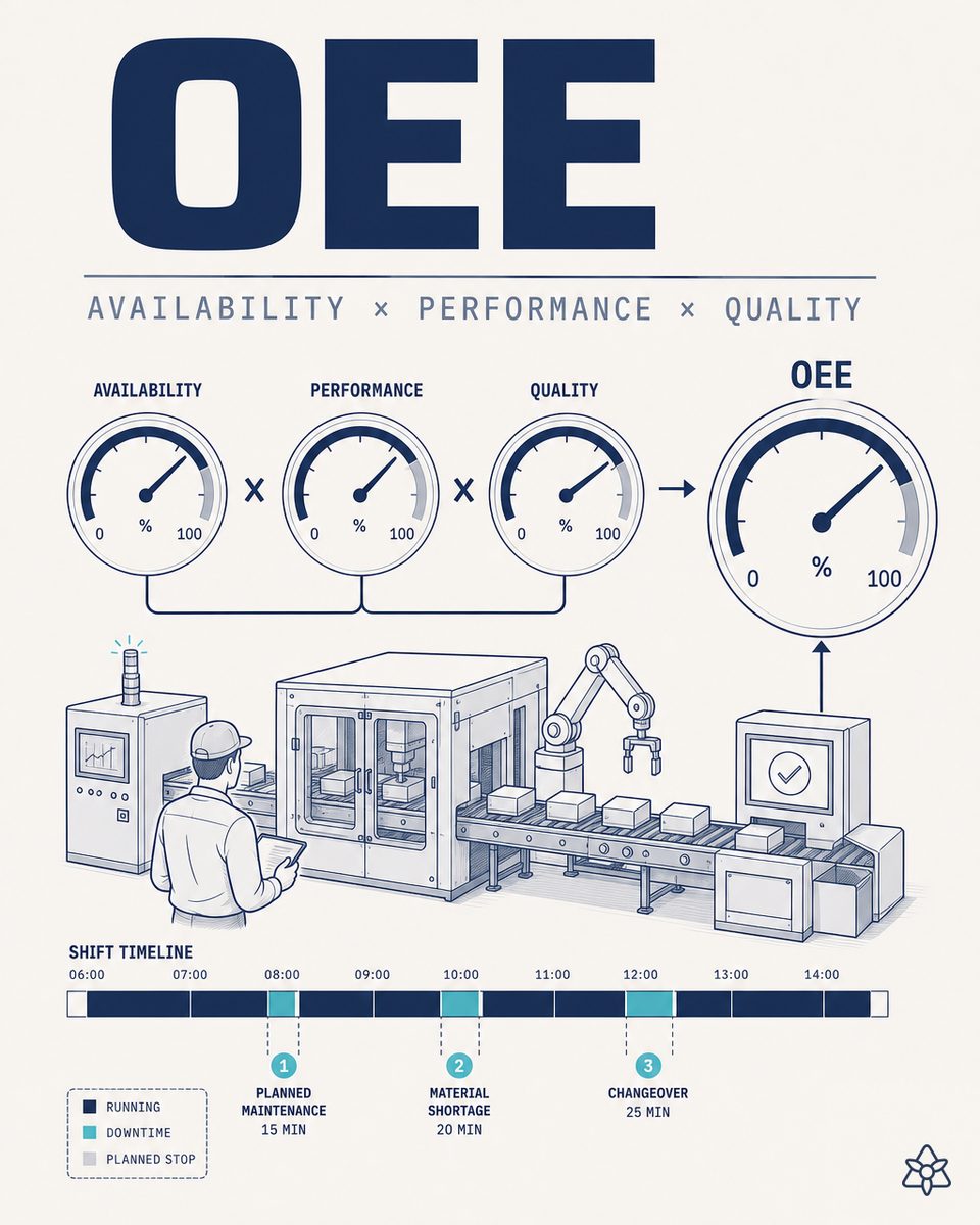 OEE formula A x P x Q with three circles and world-class bar