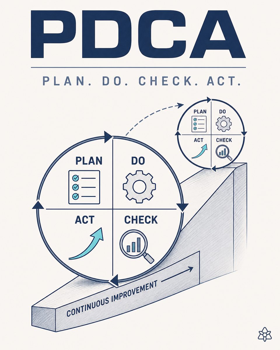 PDCA circle with four quadrants P D C A and circular arrows