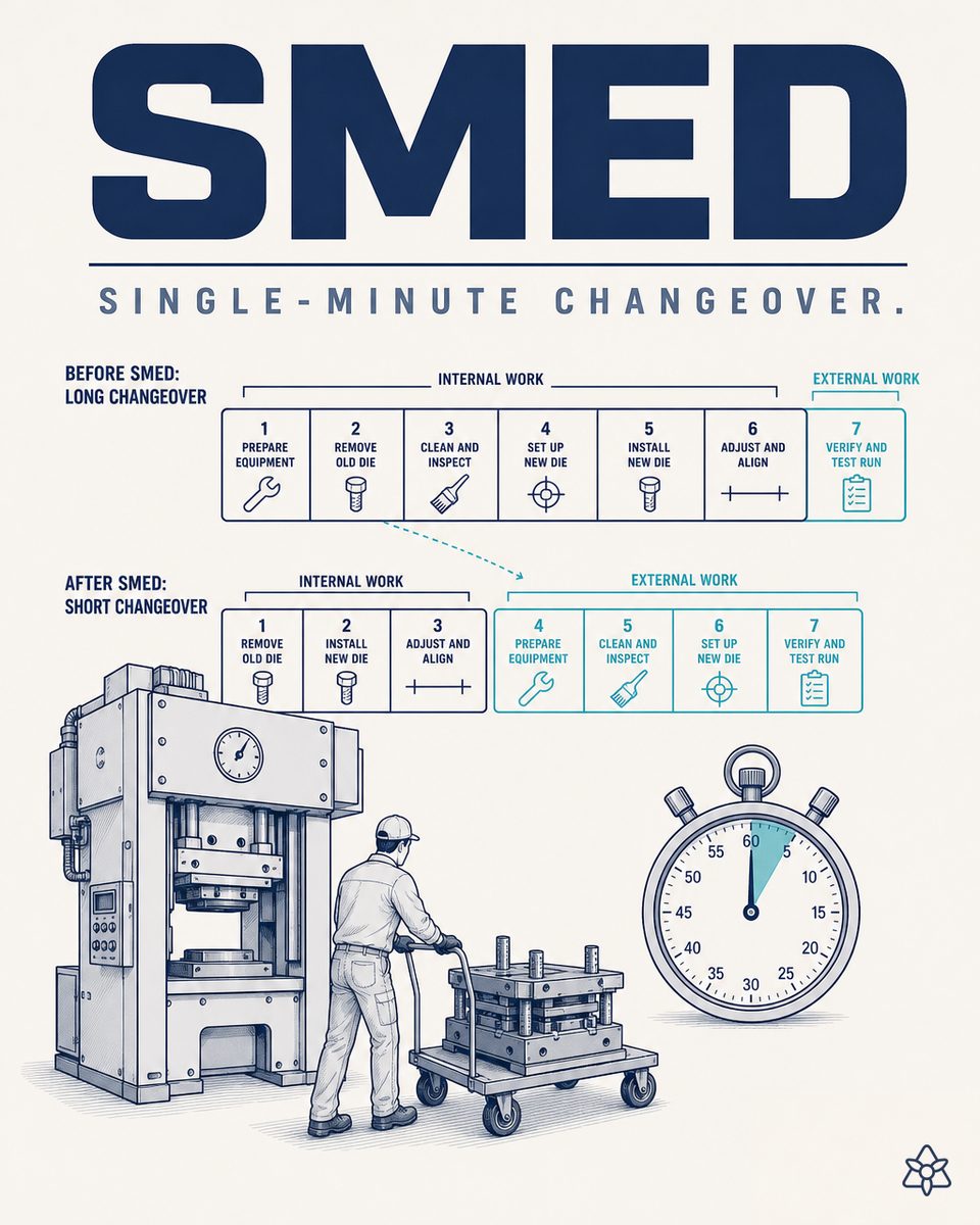 Stopwatch split into internal and external representing SMED