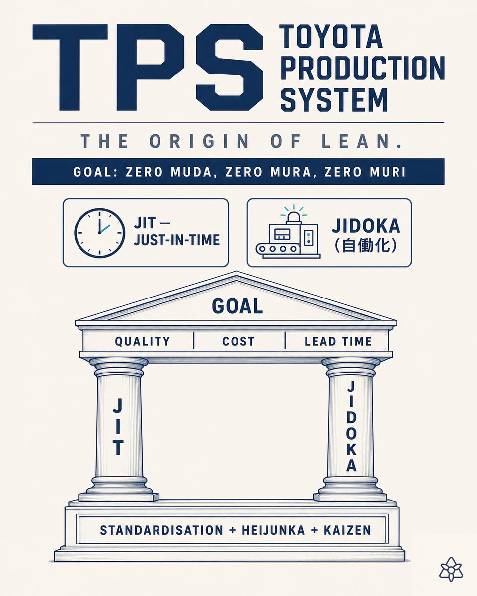 The Lean system house: a roof of quality and lead time, Jidoka and JIT pillars, Heijunka and Kaizen foundations — the methods iLEAN digitises with industrial AI