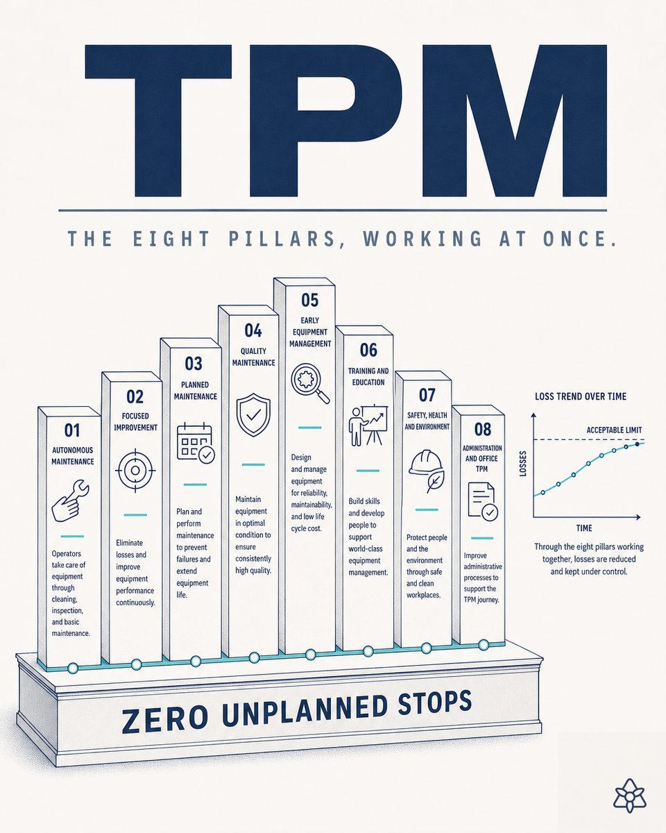 Hexagonal gears representing the 6 TPM pillars with OEE at the center