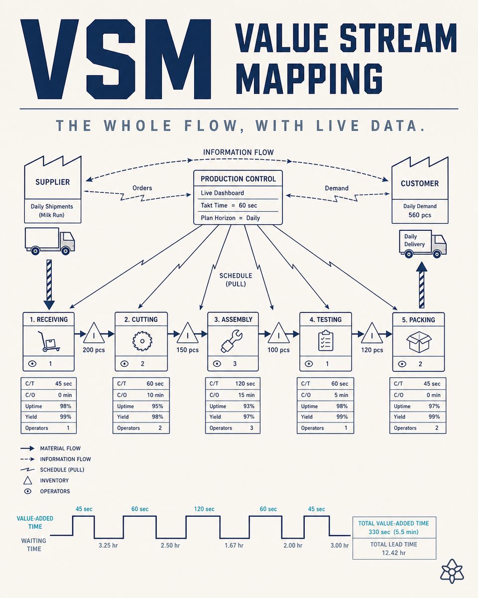 Value stream flow map with supplier, processes, WIP and customer
