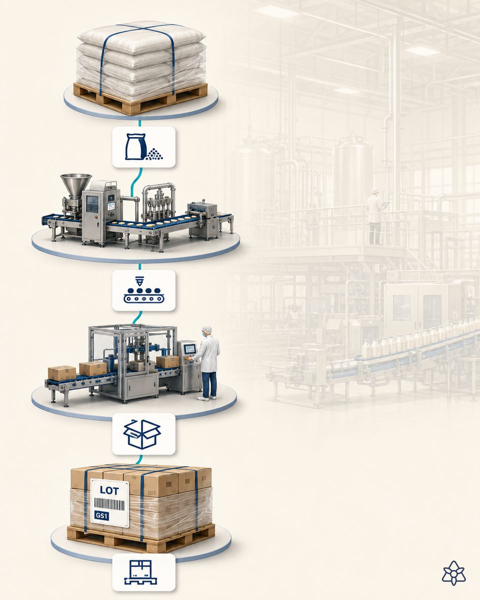 Olive fermentation tanks and a glass jar packing line with an iLEAN Edge terminal over the line — table olive traceability with AI