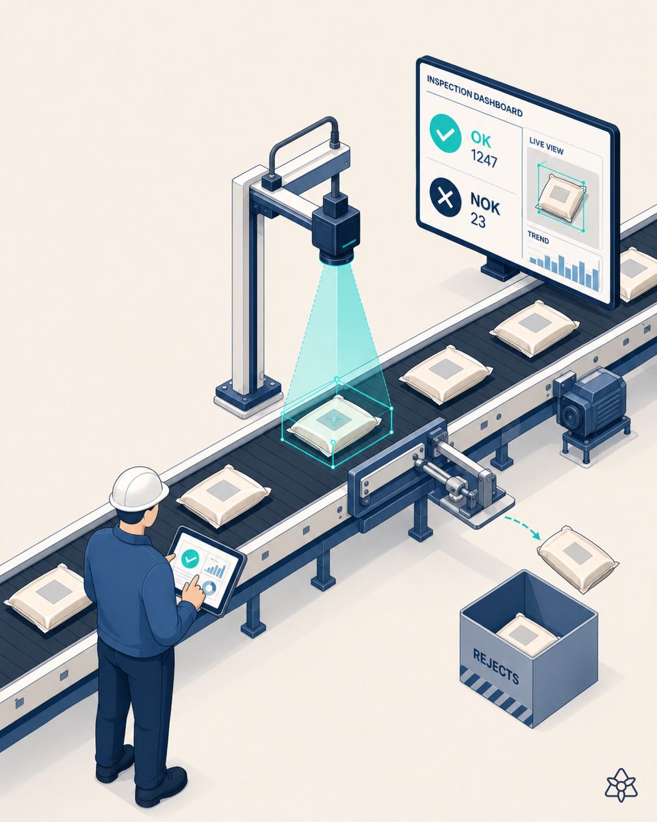 Single-serve coffee capsule line with an Edge camera over the heat sealer's exit, pneumatic ejector removing a defective capsule — in-line AI vision