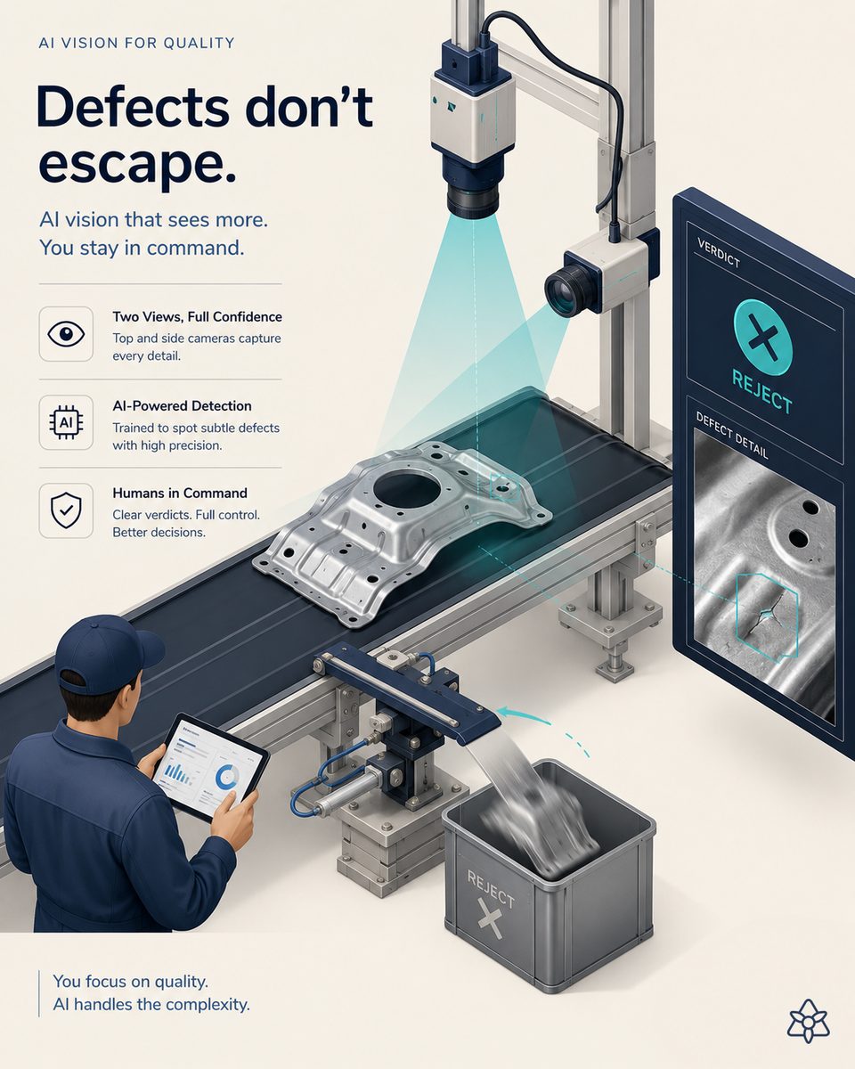 ABS wheel sensor manufacturing line with an Edge camera over the overmolded body and a technician supervising — ABS sensor control with AI