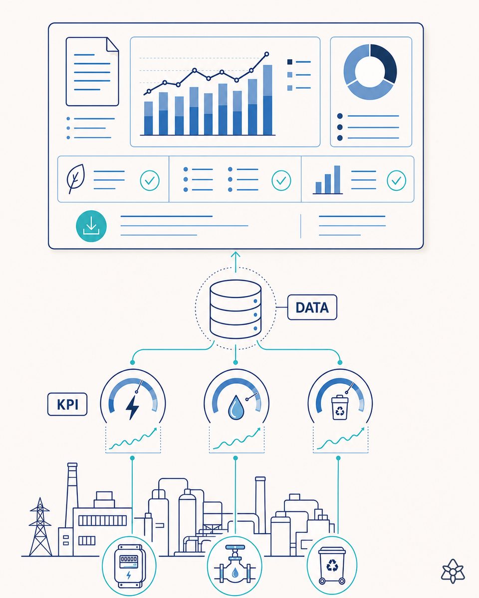 Industrial ESG KPI panel with energy and water consumption, waste by code and destination, and intensity per unit produced, with traceable evidence behind every figure