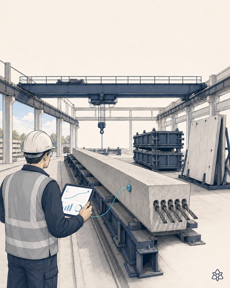Planta de prefabricados de dovelas TBM con escáner 3D sobre la pieza recién desmoldada y mapa de desviaciones contra modelo BIM