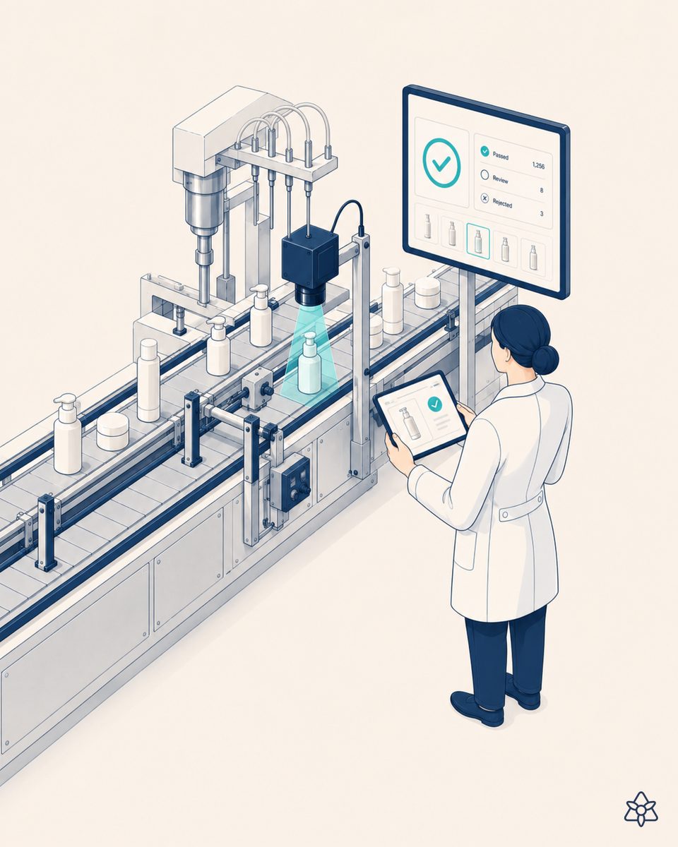 Cosmetic contract manufacturing plant with the filling line during a brand changeover; an iLEAN Tracer tablet showing batch segregation by customer and a dossier per brand