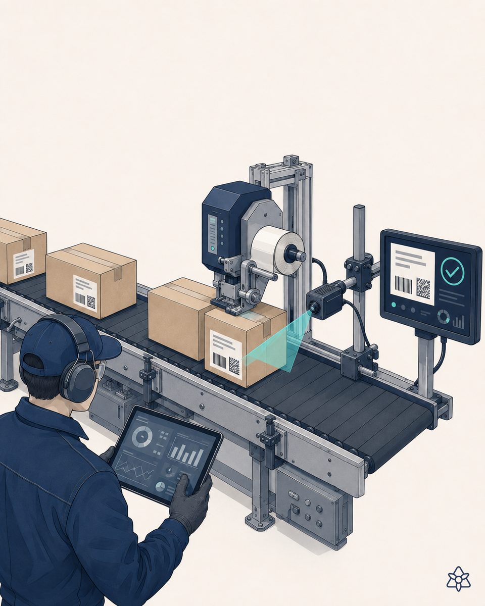 Packaging machine with a thermal printer producing distinct EU, UK and Swiss nutrition labels per SKU — iLEAN Tracer composes the label by destination