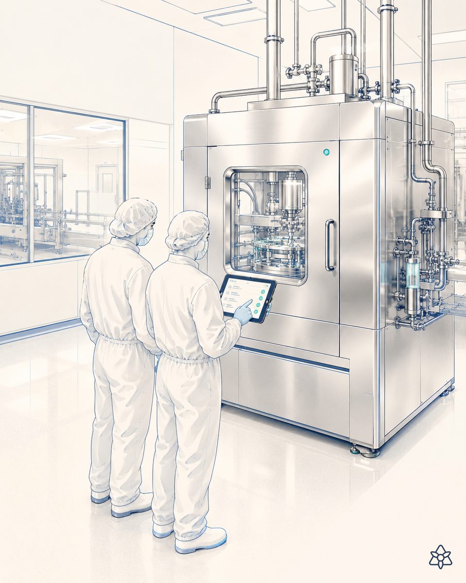 Pharmaceutical autoinjector pen assembly line with an Edge camera over the closing station and a force test bench — combination product with AI