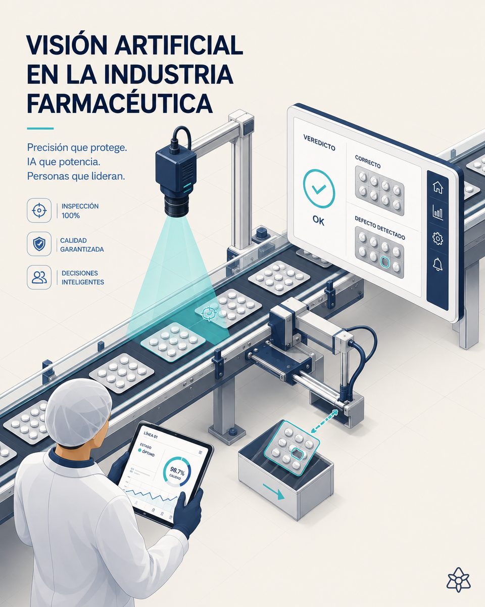 Pharmaceutical blister line with an Edge camera over the thermoformer and a quality technician supervising — blister control with AI