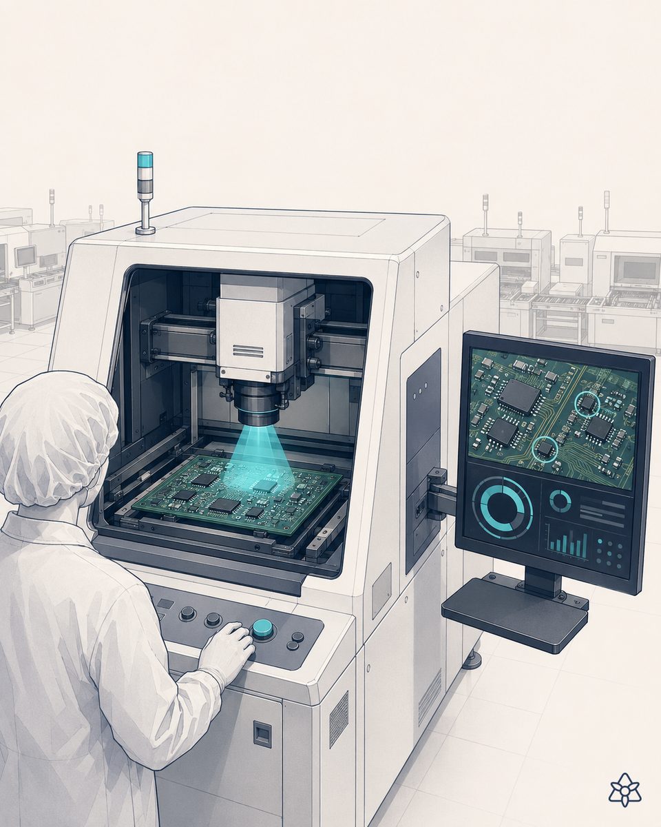 ISO 7 microelectronics cleanroom with SMT stations, wall-mounted iLEAN Edge terminal and distributed hygrometers — engineer reviewing humidity curves cell by cell