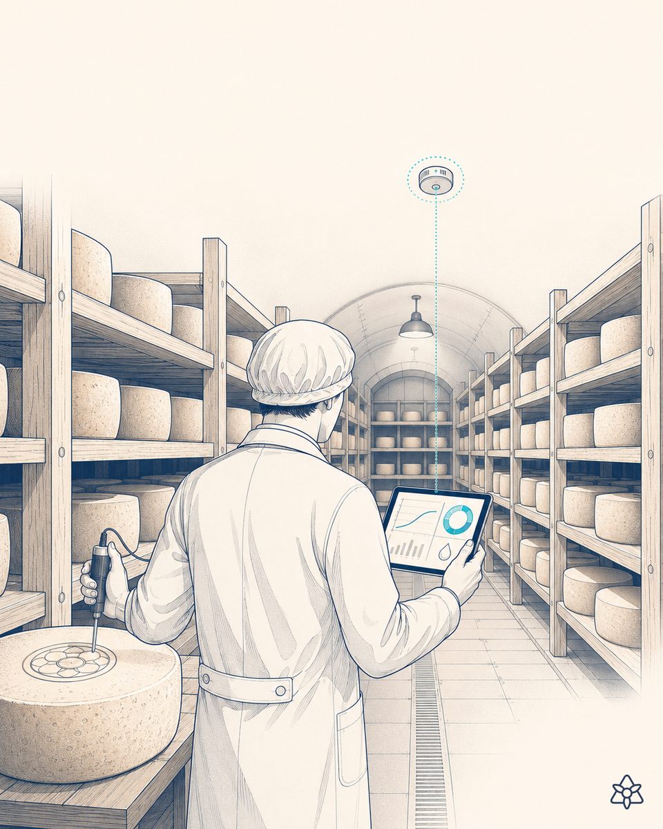 Recepción de leche oveja-cabra y barriles de salmuera en planta de Feta PDO, responsable de calidad capturando el albarán con tableta — trazabilidad por barril con IA