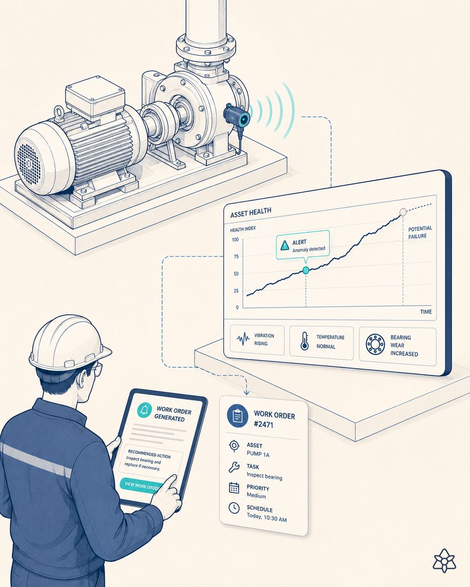 API 610 pump and centrifugal compressor in a refinery unit with vibration sensors and bearing thermography — predictive maintenance with iLEAN