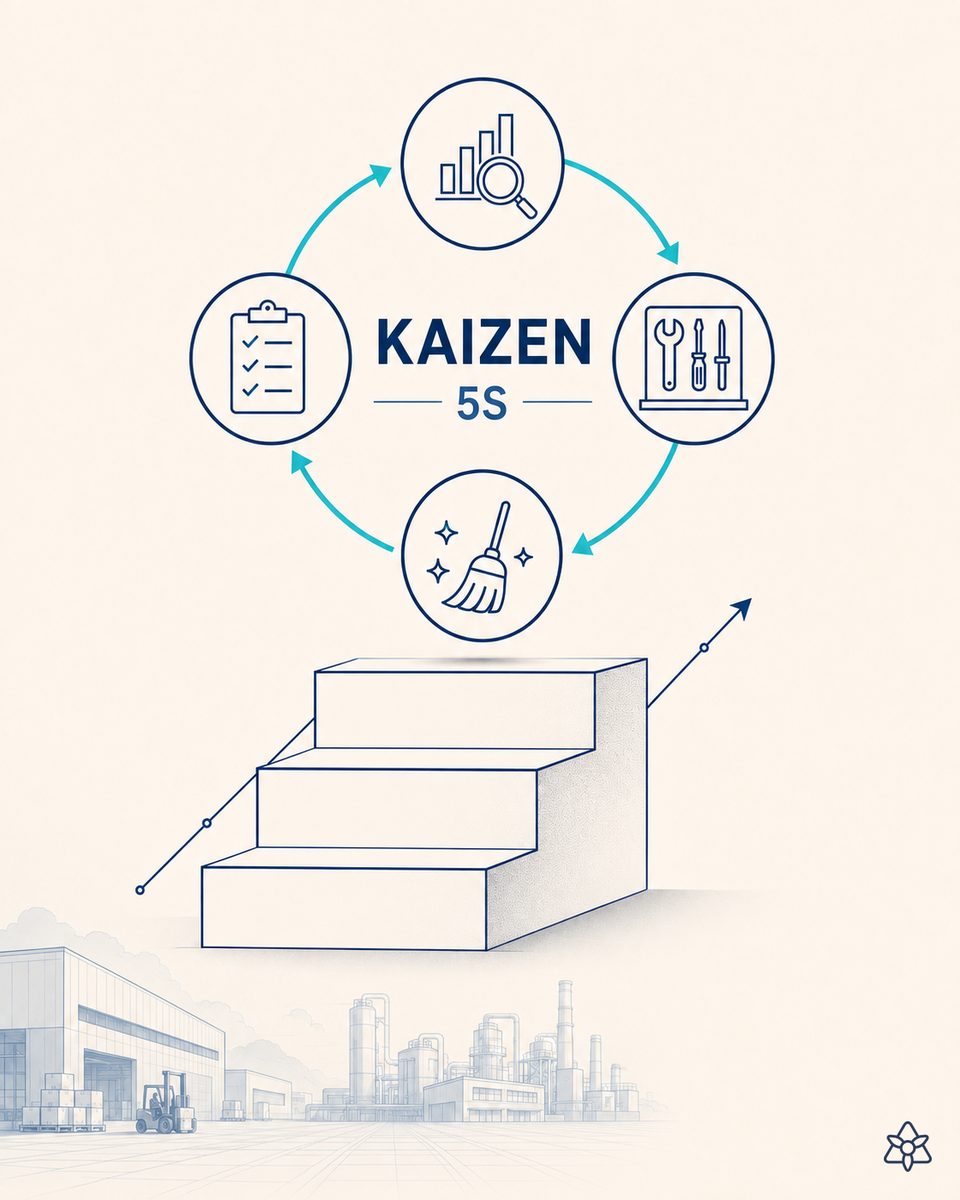 Continuous improvement cycle on a plant screen: an operator kaizen idea sent from a phone becomes a record ranked by estimated ROI