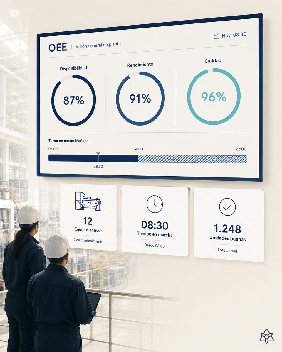 Pharma blister line with an iLEAN Edge camera counting micro-stops and an operator checking OEE per batch on a GMP tablet — iLEAN pharma OEE per batch