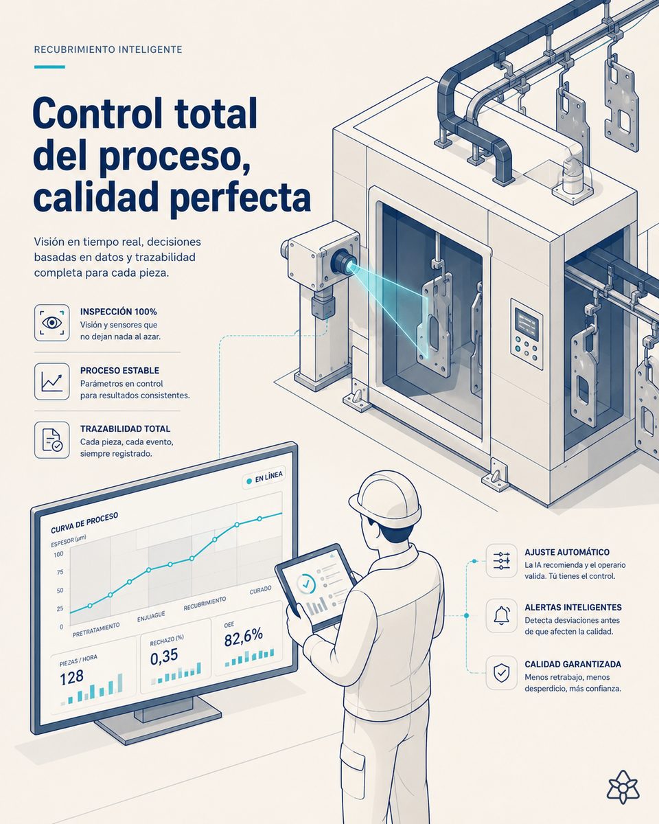 Automotive powder coating line: Edge camera detecting a lump before the oven, old dispenser with a local PC and viscosity spreadsheet — iLEAN Connect crossing both flows