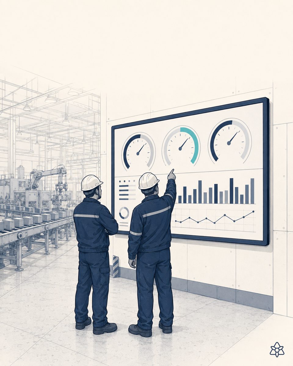 Andon screen on an assembly line showing current takt, recalculated target takt and workload per station — dynamic takt time with AI