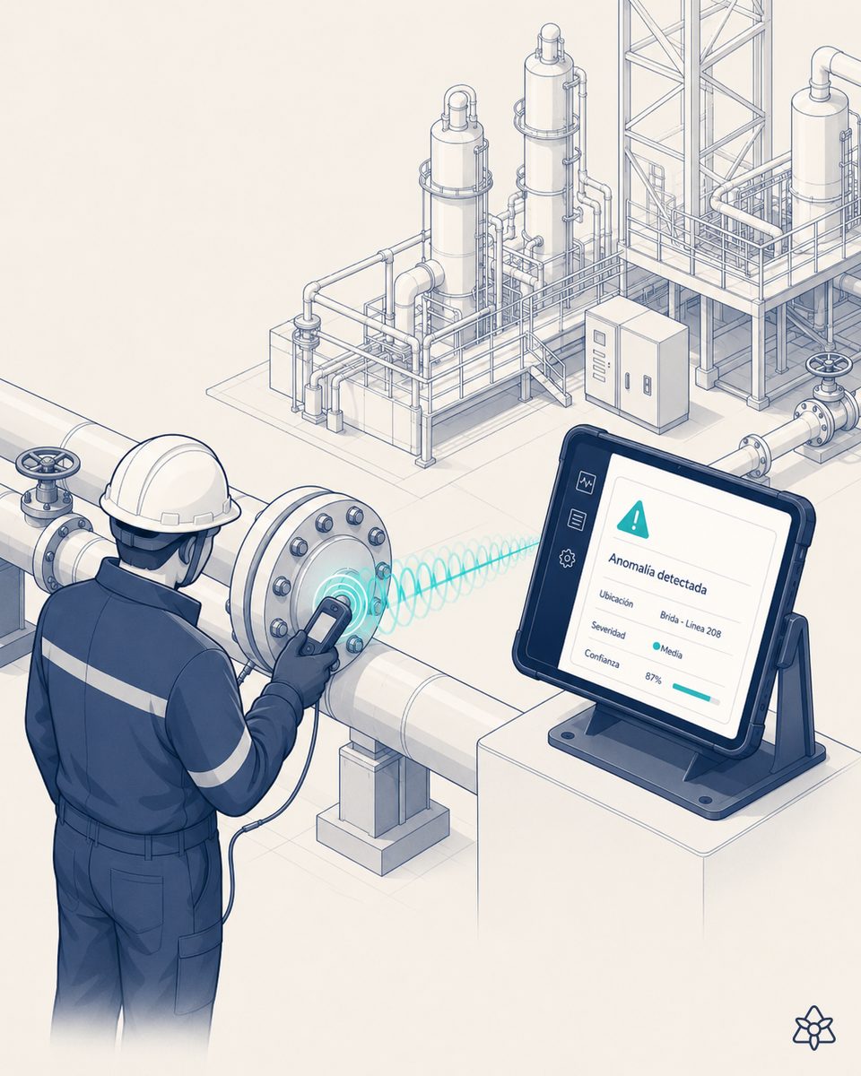 Chemical plant pipe rack seen as a thermal image with a gas plume highlighted and a pole-mounted Edge terminal — AI leak detection