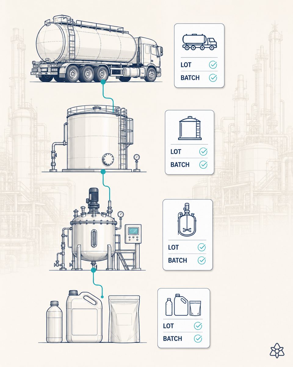 Refinery tank farm with a tanker truck loading and a technician checking batch genealogy and customer specification on a tablet — AI traceability