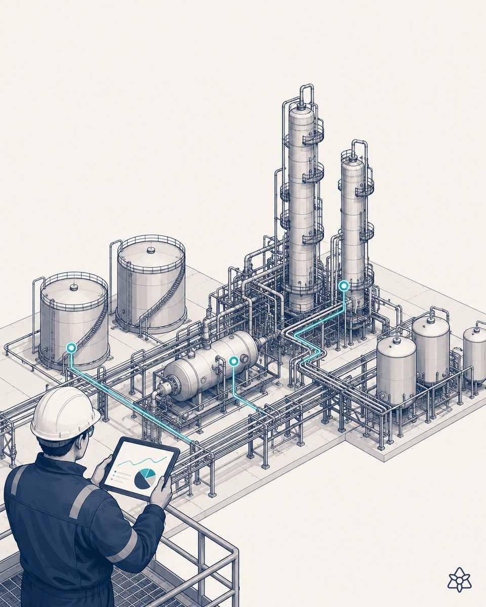 Planta de blending de bases lubricantes con tanques de almacenamiento, viscosímetro en línea y panel iLEAN cruzando recetas y especificaciones API