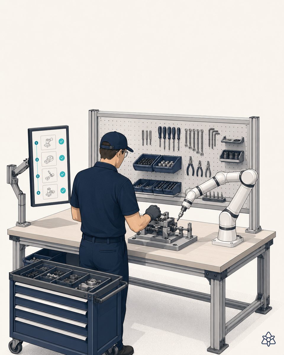 Célula de ensamblaje manual con cámara Edge y pantalla de instrucciones paso a paso, operario montando una pieza multi-variante con la secuencia validada — poka-yoke con visión IA