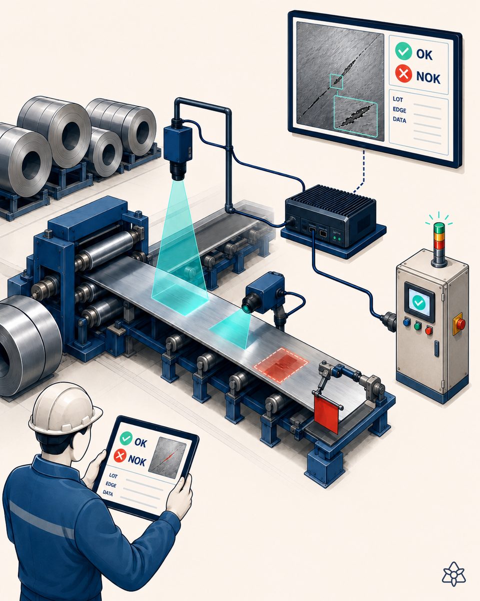 Continuous hot-dip galvanizing line with an Edge camera over the part as it leaves the zinc bath — quality control with AI