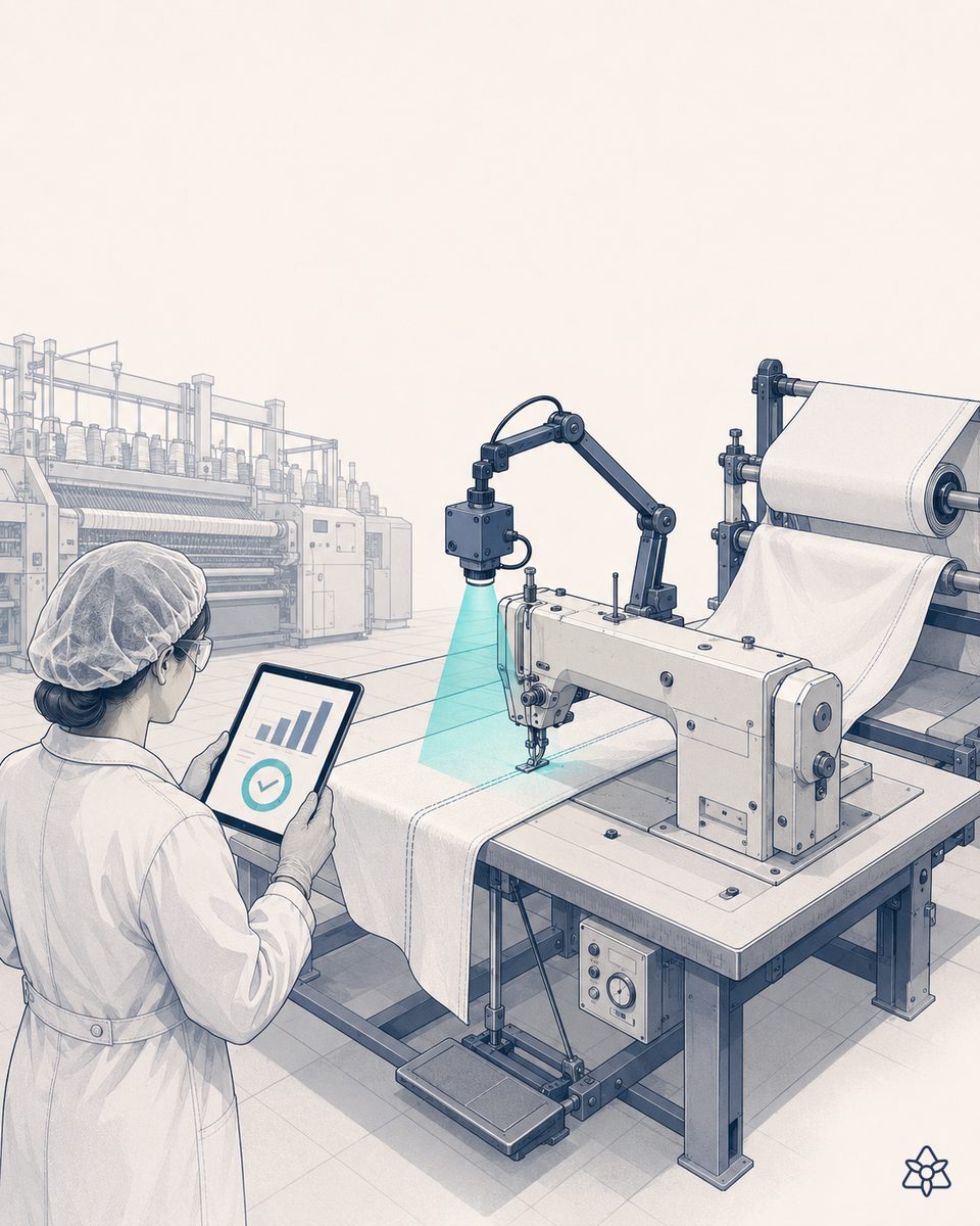 Tintorería textil con jets de teñido, espectrofotómetro en línea y operario revisando ΔE en pantalla iLEAN — batch matching de color con IA