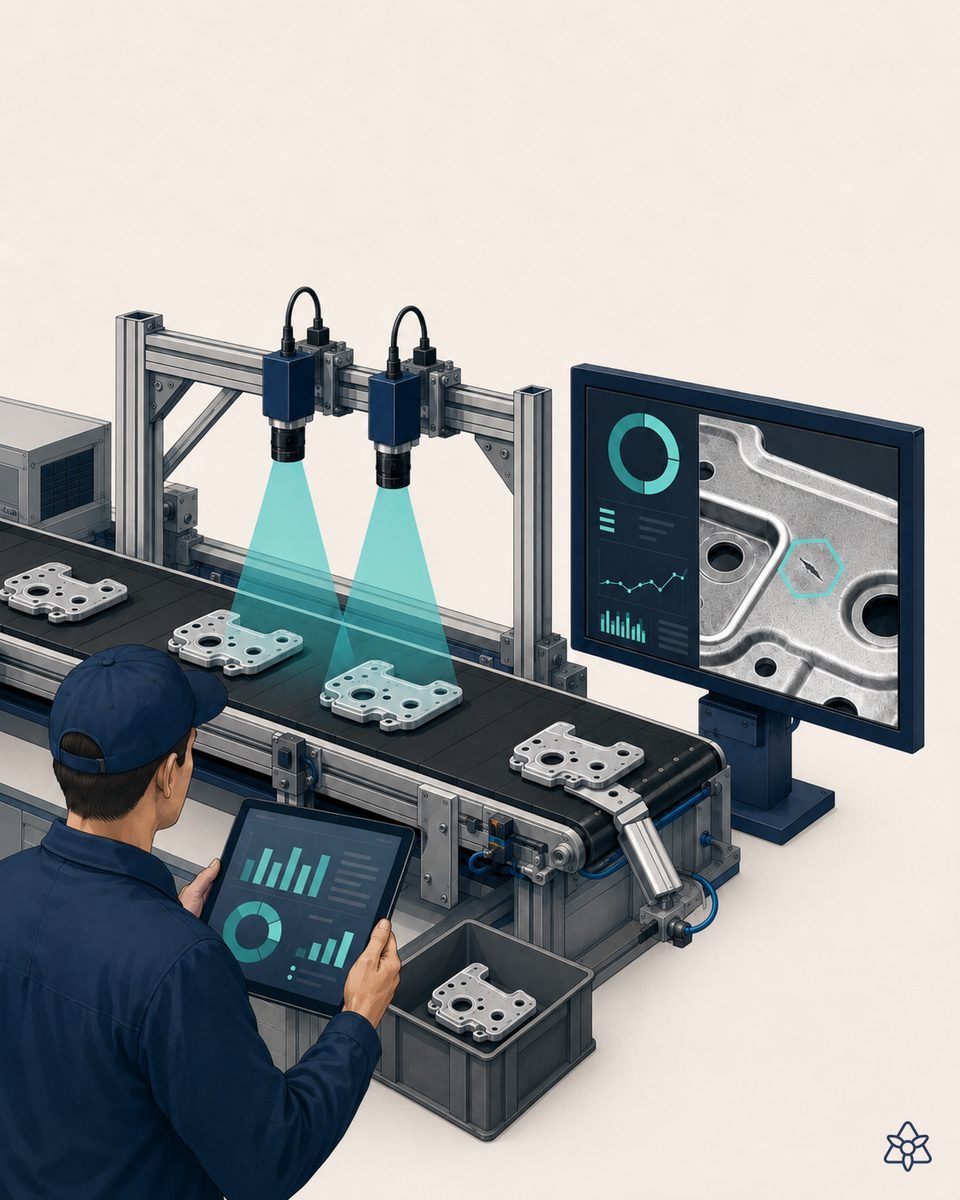 Puesto de fin de línea de tableros de instrumentos con cluster digital encendido y cámara iLEAN Edge verificando la secuencia de pantalla píxel a píxel