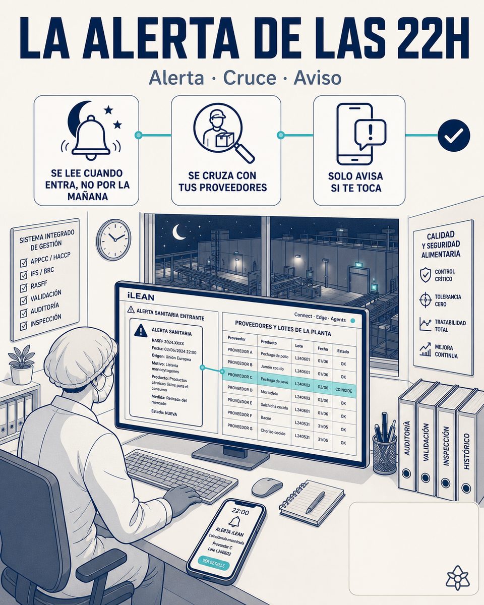Responsable de calidad alimentaria revisando una alerta RASFF cruzada por iLEAN con los lotes de planta — gestión automática de alertas sanitarias