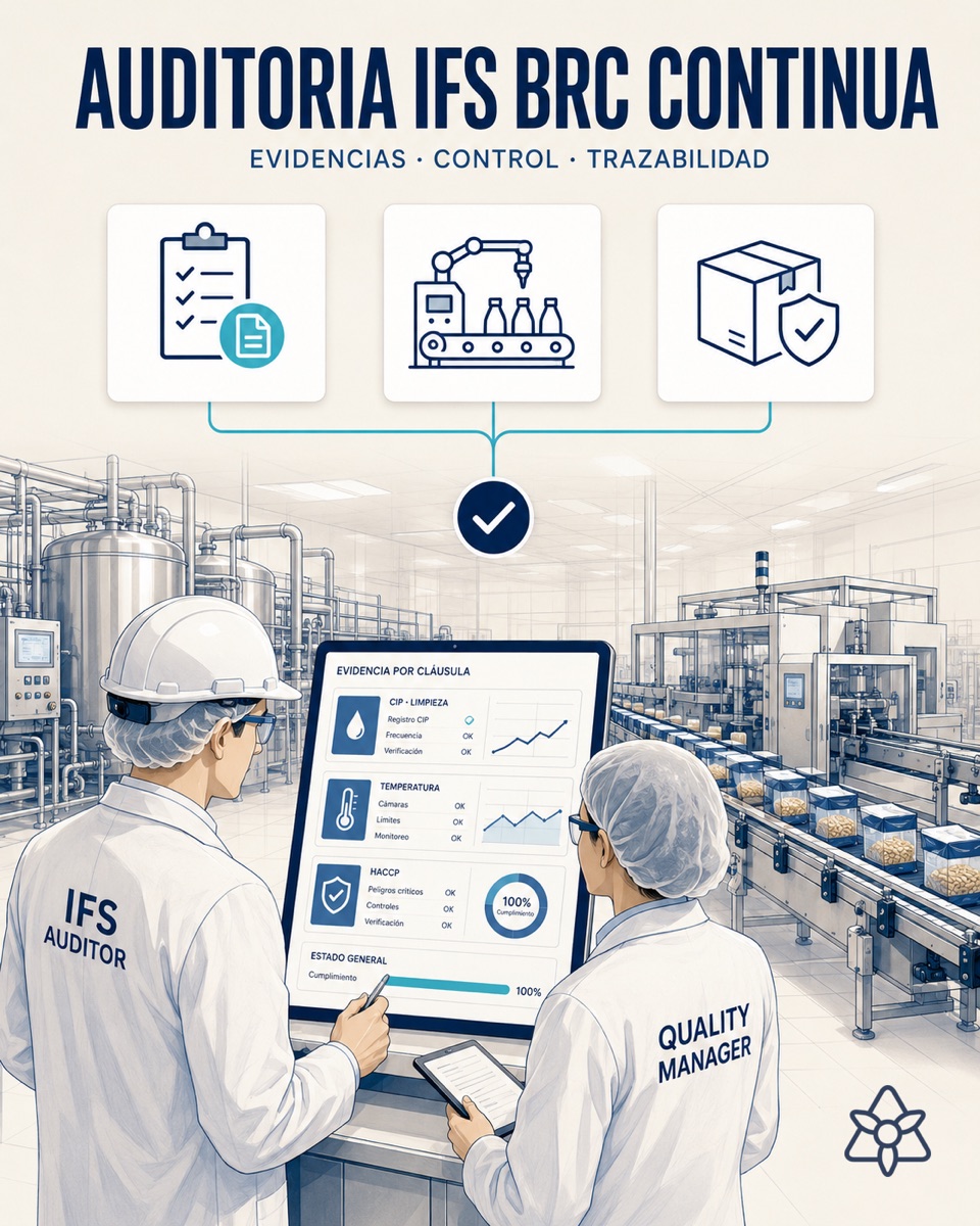 IFS auditor reviewing evidence on an iLEAN screen inside the plant — continuous audit with AI, file always ready