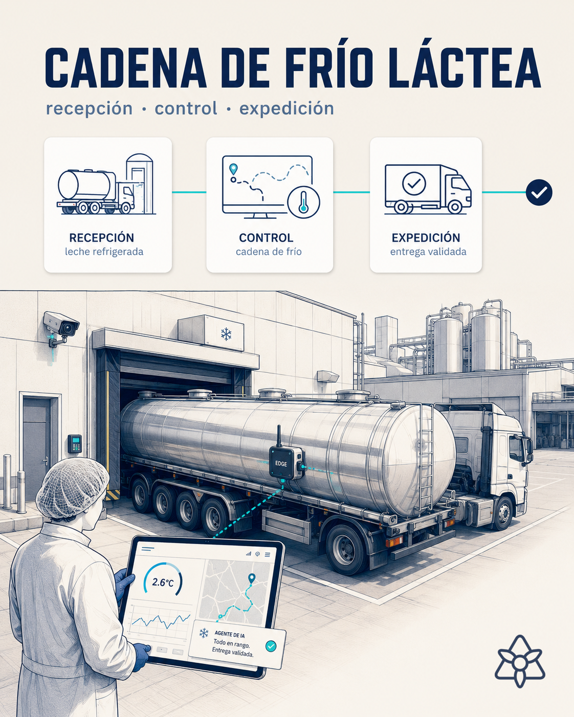 Cisterna refrigerada de leche con sensor IoT y panel de telemetría GPS + temperatura sincronizado en cabina — IA de cadena de frío