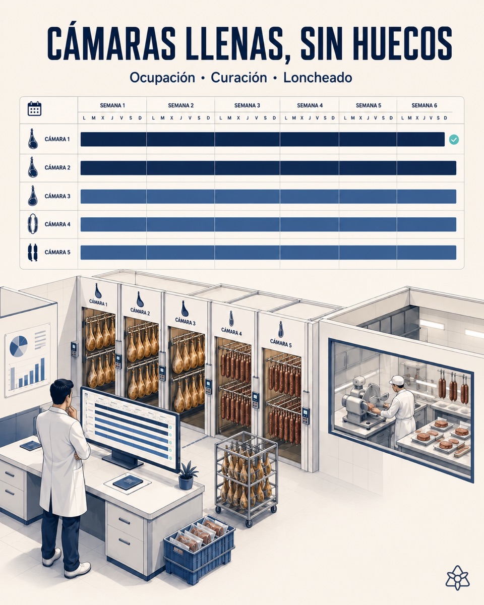 Production plan of a meat plant with curing chamber occupancy over several weeks and cutting and slicing planned separately