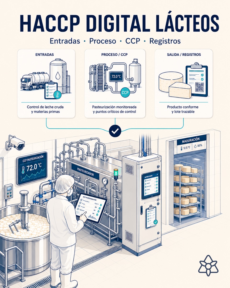 Operator in a dairy plant reviewing automatically signed HACCP records on a tablet — Edge terminal next to the pasteurizer and the ripening room