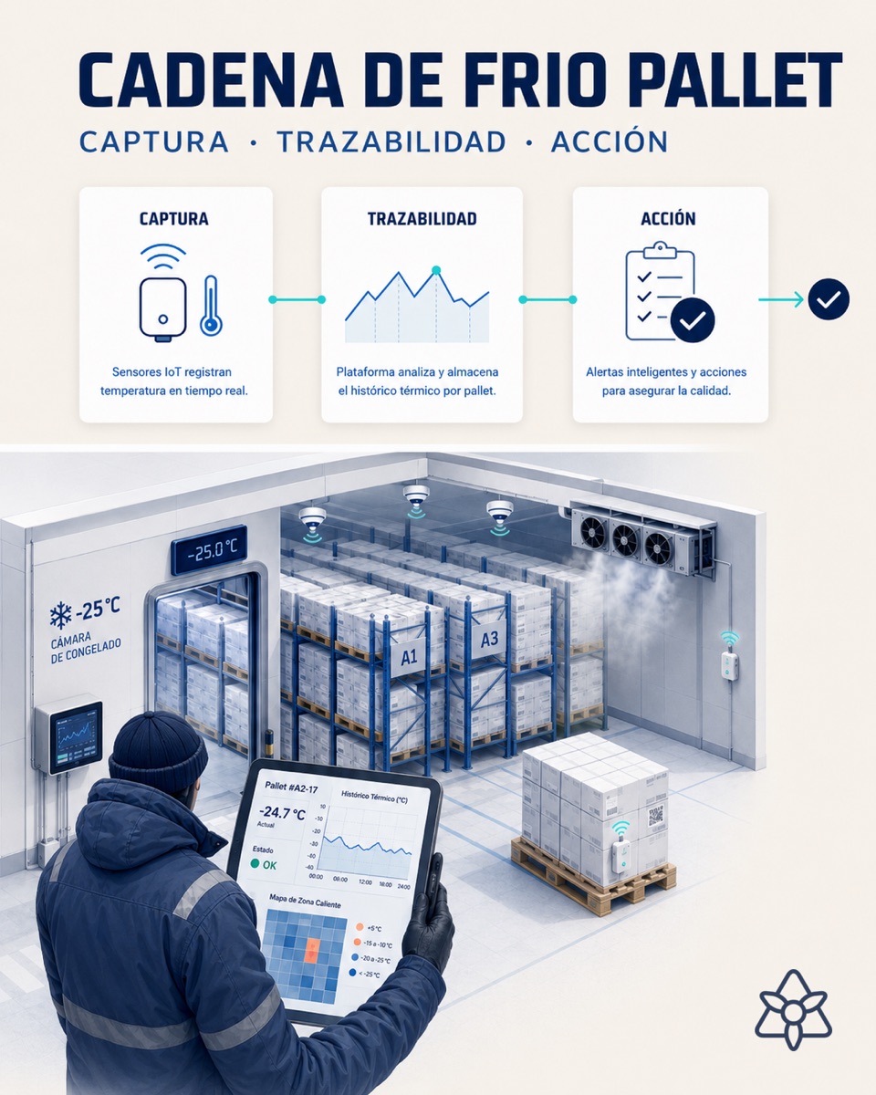 -25°C freezing cold store with labeled pallets, IoT sensors on the ceiling and in the aisles, and a forklift operator with a terminal showing the thermal history per pallet — iLEAN