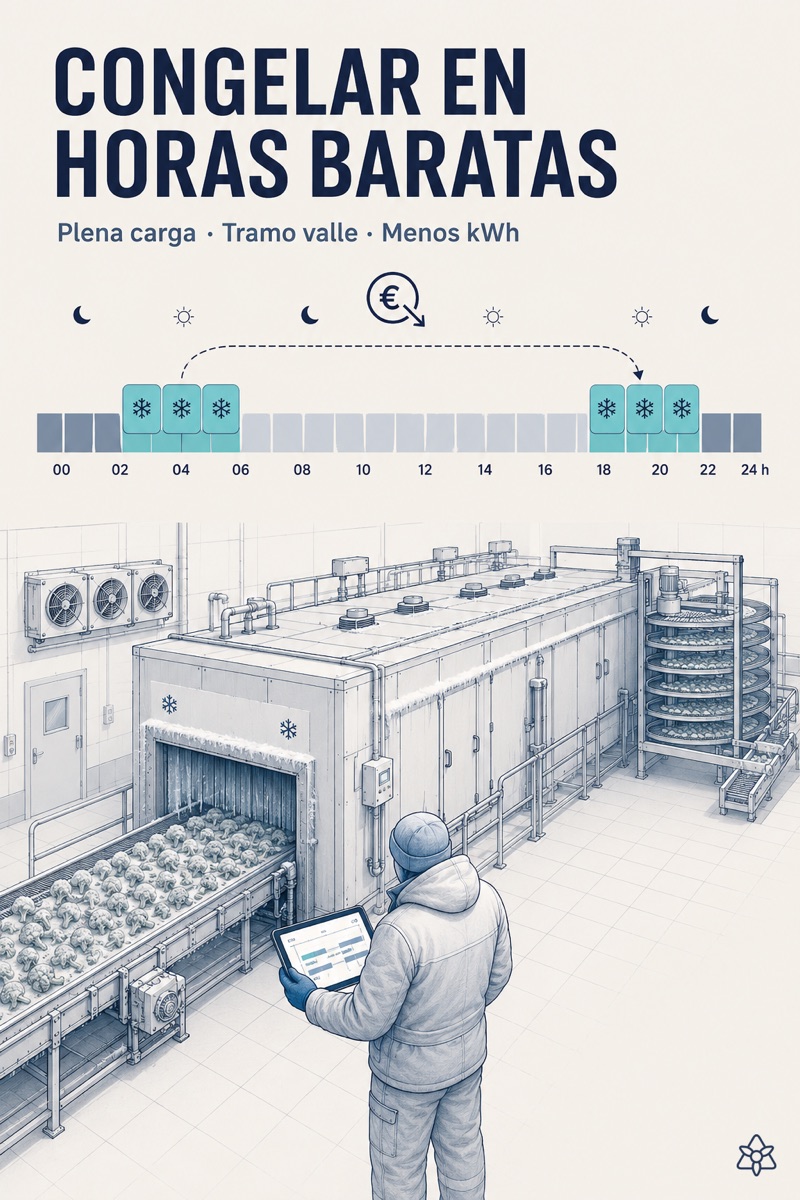 Production plan for a frozen food plant with the freezing tunnel at full load concentrated in the cheap energy bands and packing planned separately