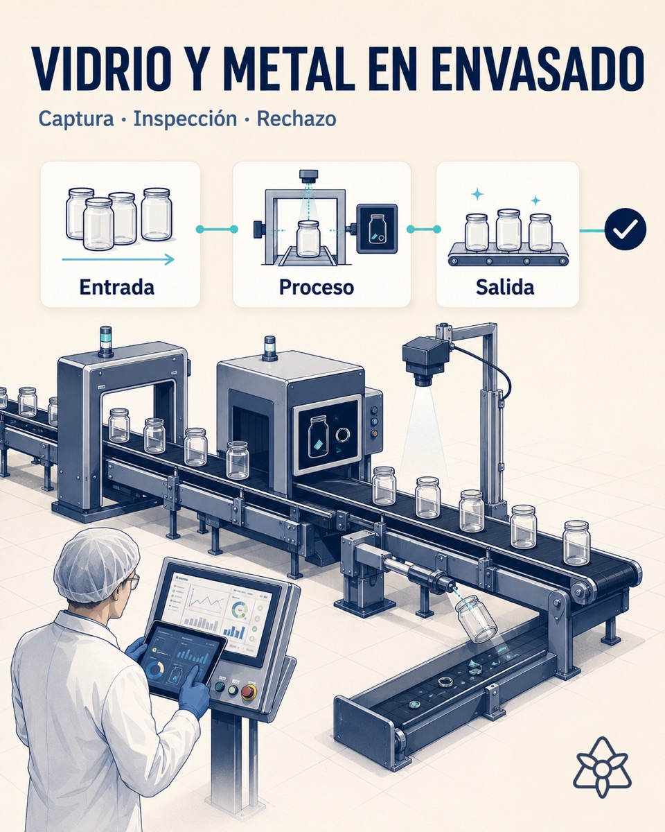 Food packing line with an X-ray scanner and AI vision camera — glass and metal detection with automatic ejector