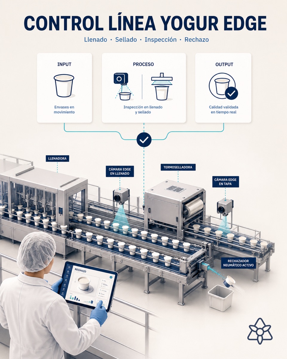 Multi-lane yogurt packing line with Edge cameras over the filler and heat sealer, operator at a console reviewing a rejected cup — AI control at high line speed