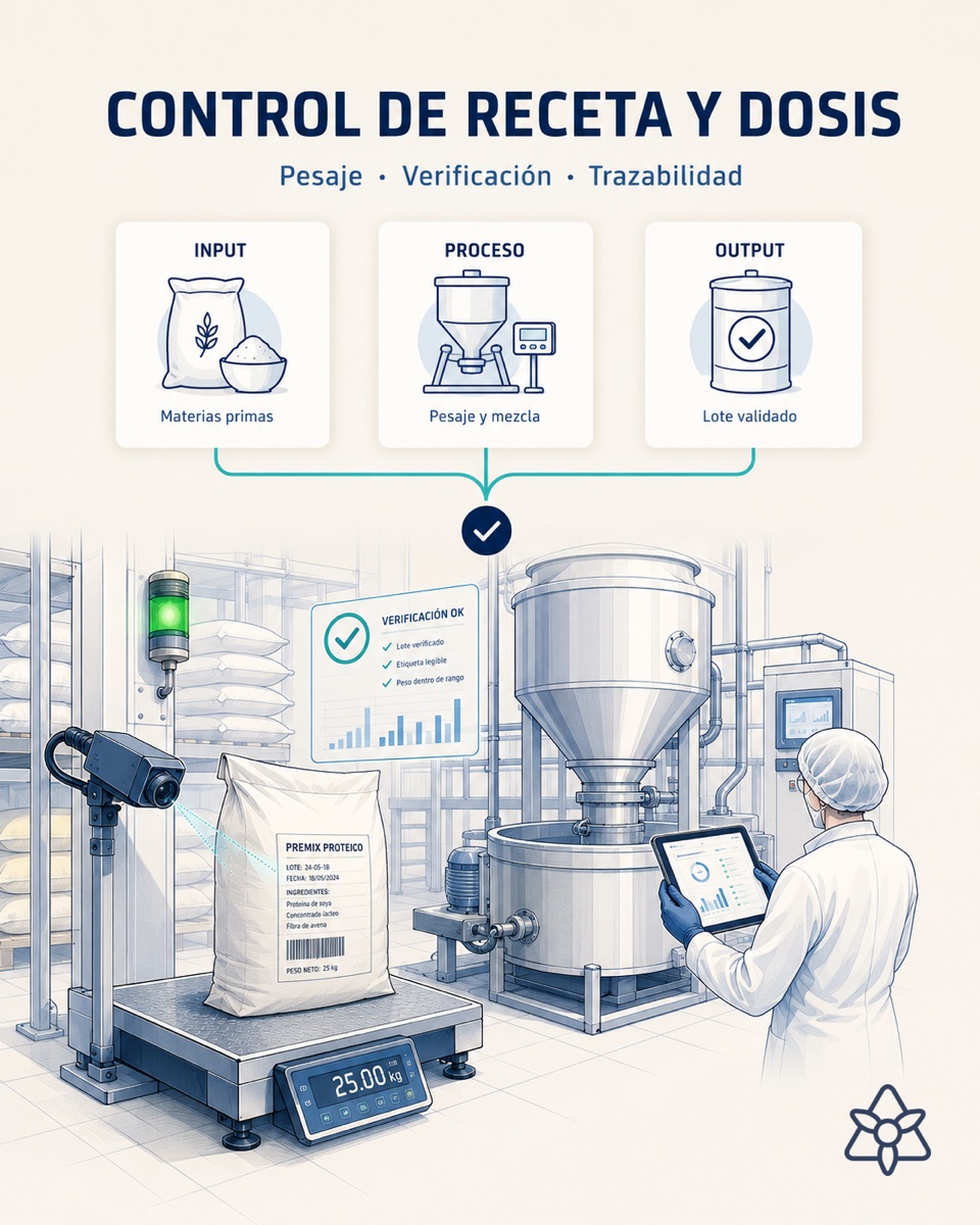 Operator dosing ingredients on a scale in a food plant while iLEAN cross-checks the weighing with the work order's active recipe — AI recipe and dosing control