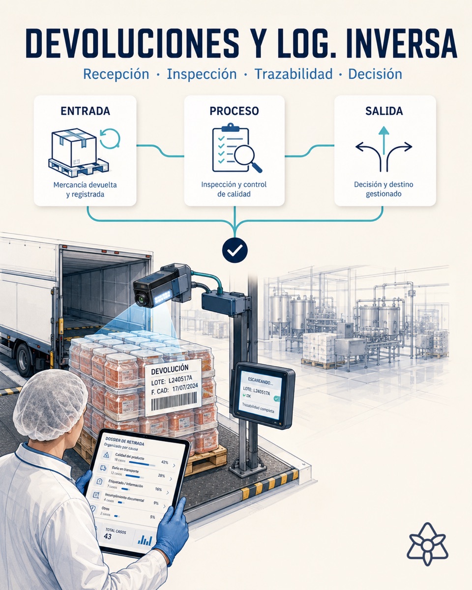 Food plant shipping dock with a returned pallet and a screen showing the return file linked to the batch by iLEAN — reverse logistics with AI